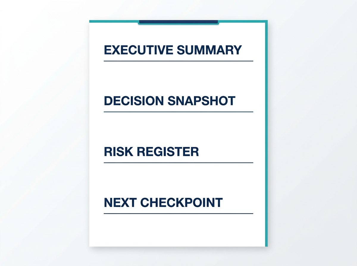 Illustration of a CLEAR Plan document with Executive Summary, Decision Snapshot, Risk Register, and Next Checkpoint sections